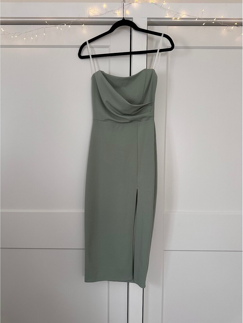 Sage Green Strapless Midi Dress with Side Slit from Windsor